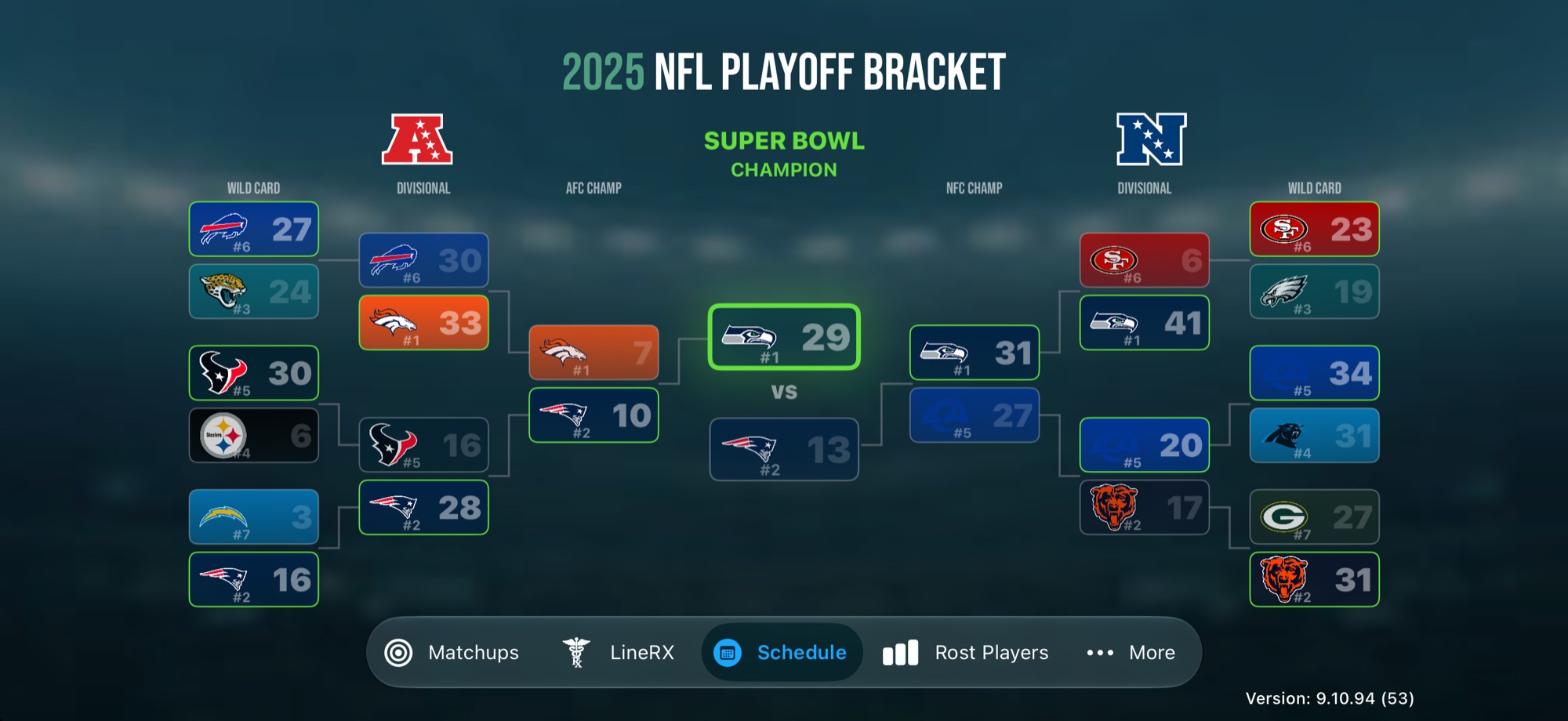 BigWarRoom NFL Playoff Bracket in landscape, Wild Card through Super Bowl